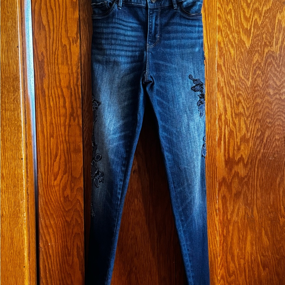 White House Black Market Dark Blue Skinny Jeans with Black Floral Detail